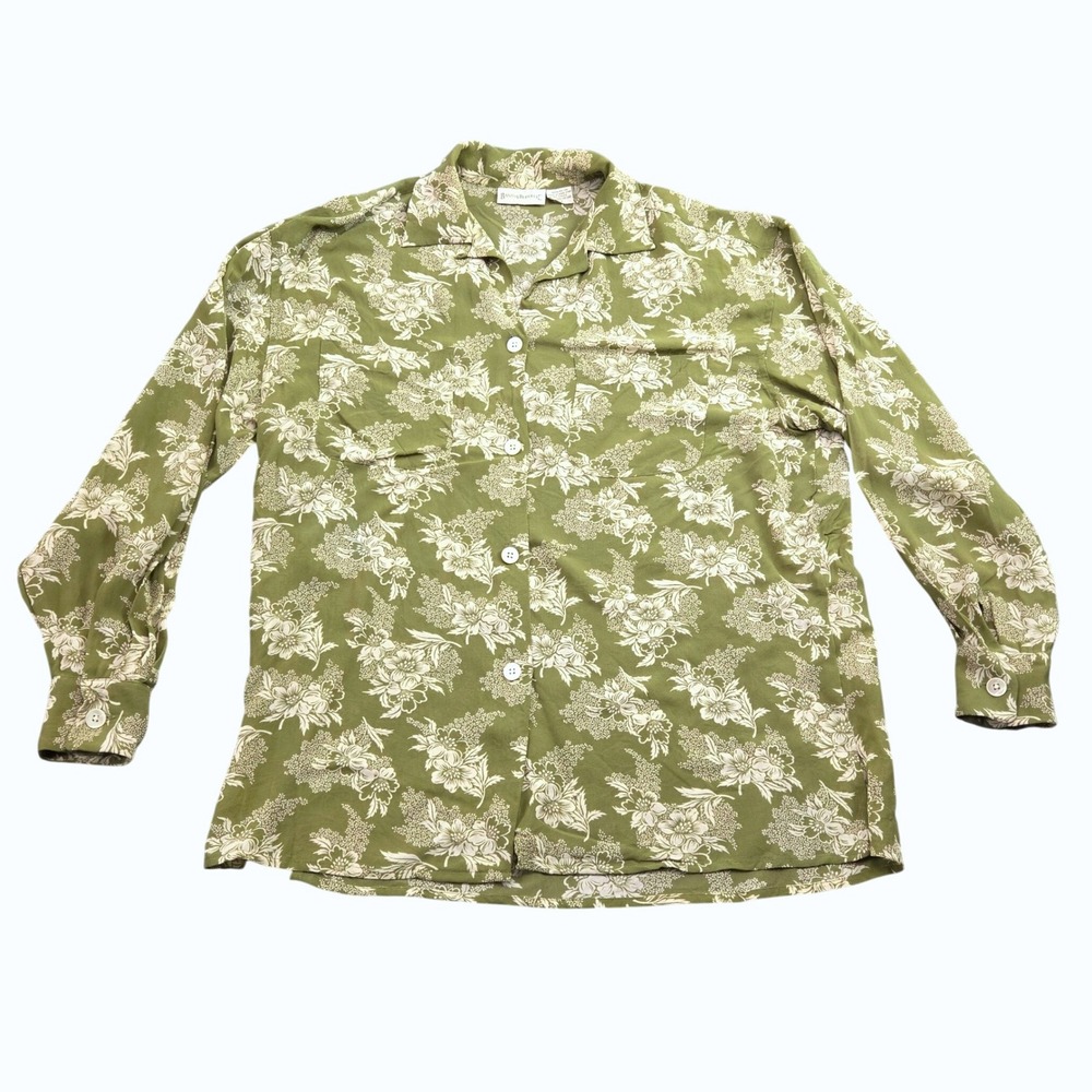 Vintage Banana Republic Button Down Shirt Mens M Green Floral Rayon 80s Safari
